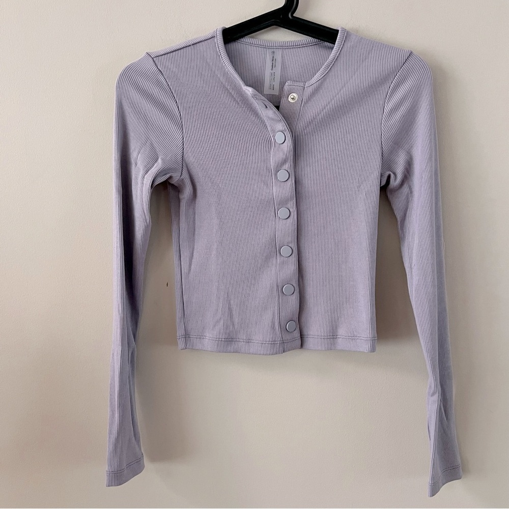 Outdoor voices Cozyrib ribbed crop snap button cardigan top xs earl grey Purple